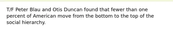 T/F Peter Blau and Otis Duncan found that fewer than one percent of American move from the bottom to the top of the social hierarchy.