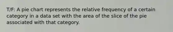 T/F: A <a href='https://www.questionai.com/knowledge/kDrHXijglR-pie-chart' class='anchor-knowledge'>pie chart</a> represents the relative frequency of a certain category in a data set with the area of the slice of the pie associated with that category.