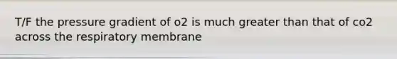 T/F the pressure gradient of o2 is much greater than that of co2 across the respiratory membrane