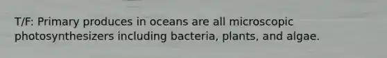 T/F: Primary produces in oceans are all microscopic photosynthesizers including bacteria, plants, and algae.