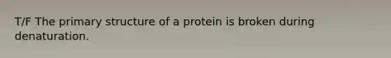 T/F The <a href='https://www.questionai.com/knowledge/knHR7ecP3u-primary-structure' class='anchor-knowledge'>primary structure</a> of a protein is broken during denaturation.