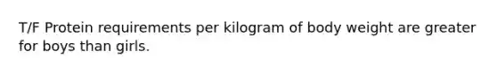 T/F Protein requirements per kilogram of body weight are greater for boys than girls.