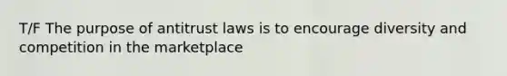 T/F The purpose of antitrust laws is to encourage diversity and competition in the marketplace