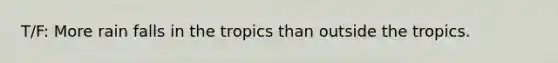 T/F: More rain falls in the tropics than outside the tropics.