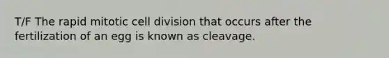 T/F The rapid mitotic <a href='https://www.questionai.com/knowledge/kjHVAH8Me4-cell-division' class='anchor-knowledge'>cell division</a> that occurs after the fertilization of an egg is known as cleavage.