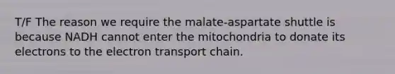 T/F The reason we require the malate-aspartate shuttle is because NADH cannot enter the mitochondria to donate its electrons to the electron transport chain.