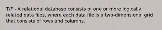 T/F - A relational database consists of one or more logically related data files, where each data file is a two-dimensional grid that consists of rows and columns.