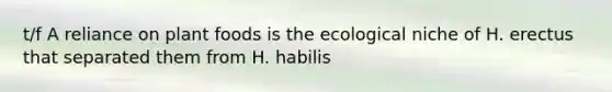 t/f A reliance on plant foods is the ecological niche of H. erectus that separated them from H. habilis