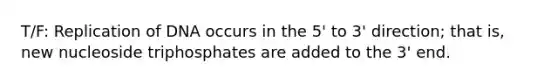 T/F: Replication of DNA occurs in the 5' to 3' direction; that is, new nucleoside triphosphates are added to the 3' end.
