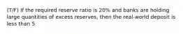 (T/F) If the required reserve ratio is 20% and banks are holding large quantities of excess reserves, then the real-world deposit is less than 5