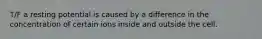 T/F a resting potential is caused by a difference in the concentration of certain ions inside and outside the cell.