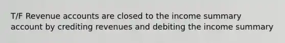 T/F Revenue accounts are closed to the income summary account by crediting revenues and debiting the income summary