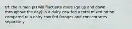 t/f: the rumen pH will fluctuate more (go up and down throughout the day) in a dairy cow fed a total mixed ration compared to a dairy cow fed forages and concentrates separately