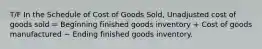 T/F In the Schedule of Cost of Goods Sold, Unadjusted cost of goods sold = Beginning finished goods inventory + Cost of goods manufactured − Ending finished goods inventory.