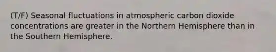 (T/F) Seasonal fluctuations in atmospheric carbon dioxide concentrations are greater in the Northern Hemisphere than in the Southern Hemisphere.