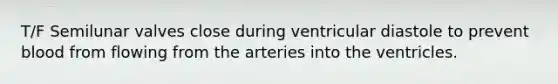 T/F Semilunar valves close during ventricular diastole to prevent blood from flowing from the arteries into the ventricles.