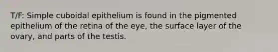 T/F: Simple cuboidal epithelium is found in the pigmented epithelium of the retina of the eye, the surface layer of the ovary, and parts of the testis.