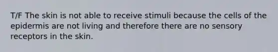 T/F The skin is not able to receive stimuli because the cells of the epidermis are not living and therefore there are no sensory receptors in the skin.