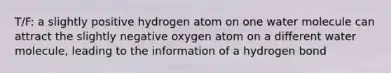 T/F: a slightly positive hydrogen atom on one water molecule can attract the slightly negative oxygen atom on a different water molecule, leading to the information of a hydrogen bond