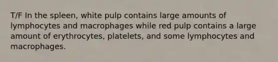 T/F In the spleen, white pulp contains large amounts of lymphocytes and macrophages while red pulp contains a large amount of erythrocytes, platelets, and some lymphocytes and macrophages.