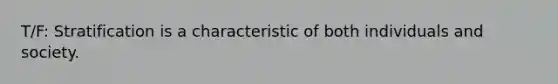 T/F: Stratification is a characteristic of both individuals and society.