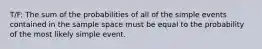 T/F: The sum of the probabilities of all of the simple events contained in the sample space must be equal to the probability of the most likely simple event.