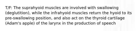 T/F: The suprahyoid muscles are involved with swallowing (deglutition), while the infrahyoid muscles return the hyoid to its pre-swallowing position, and also act on the thyroid cartilage (Adam's apple) of the larynx in the production of speech