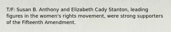 T/F: Susan B. Anthony and Elizabeth Cady Stanton, leading figures in the women's rights movement, were strong supporters of the Fifteenth Amendment.