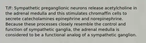 T/F: Sympathetic preganglionic neurons release acetylcholine in the adrenal medulla and this stimulates chromaffin cells to secrete catecholamines epinephrine and norepinephrine. Because these processes closely resemble the control and function of sympathetic ganglia, the adrenal medulla is considered to be a functional analog of a sympathetic ganglion.