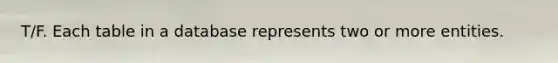 T/F. Each table in a database represents two or more entities.