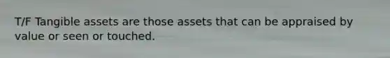 T/F Tangible assets are those assets that can be appraised by value or seen or touched.