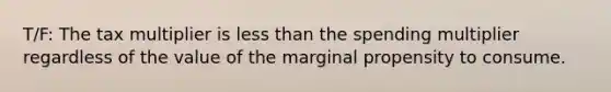 T/F: The tax multiplier is <a href='https://www.questionai.com/knowledge/k7BtlYpAMX-less-than' class='anchor-knowledge'>less than</a> the spending multiplier regardless of the value of the marginal propensity to consume.