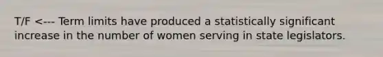 T/F <--- Term limits have produced a statistically significant increase in the number of women serving in state legislators.