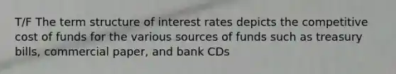 T/F The term structure of interest rates depicts the competitive cost of funds for the various sources of funds such as treasury bills, commercial paper, and bank CDs