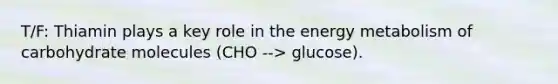 T/F: Thiamin plays a key role in the energy metabolism of carbohydrate molecules (CHO --> glucose).