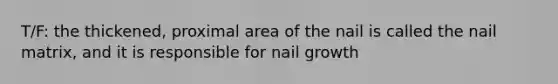 T/F: the thickened, proximal area of the nail is called the nail matrix, and it is responsible for nail growth