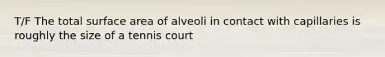 T/F The total surface area of alveoli in contact with capillaries is roughly the size of a tennis court