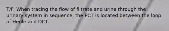 T/F: When tracing the flow of filtrate and urine through the urinary system in sequence, the PCT is located between the loop of Henle and DCT.