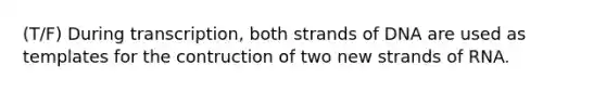 (T/F) During transcription, both strands of DNA are used as templates for the contruction of two new strands of RNA.