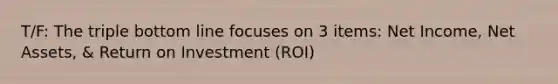 T/F: The triple bottom line focuses on 3 items: Net Income, Net Assets, & Return on Investment (ROI)