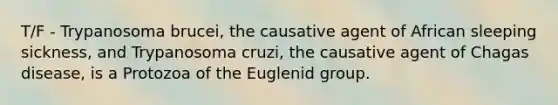 T/F - Trypanosoma brucei, the causative agent of African sleeping sickness, and Trypanosoma cruzi, the causative agent of Chagas disease, is a Protozoa of the Euglenid group.