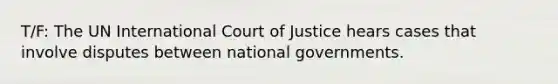 T/F: The UN International Court of Justice hears cases that involve disputes between national governments.