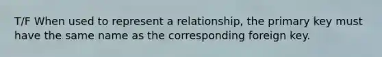 T/F When used to represent a relationship, the primary key must have the same name as the corresponding foreign key.