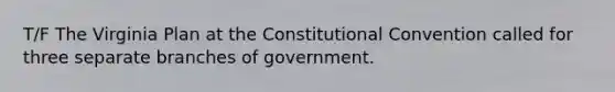 T/F The Virginia Plan at the Constitutional Convention called for three separate branches of government.