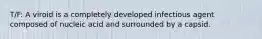 T/F: A viroid is a completely developed infectious agent composed of nucleic acid and surrounded by a capsid.