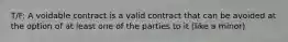 T/F: A voidable contract is a valid contract that can be avoided at the option of at least one of the parties to it (like a minor)