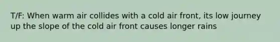 T/F: When warm air collides with a cold air front, its low journey up the slope of the cold air front causes longer rains