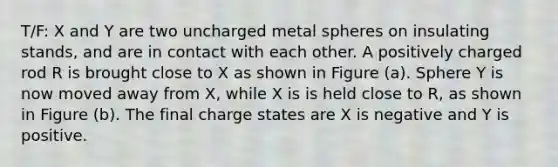 T/F: X and Y are two uncharged metal spheres on insulating stands, and are in contact with each other. A positively charged rod R is brought close to X as shown in Figure (a). Sphere Y is now moved away from X, while X is is held close to R, as shown in Figure (b). The final charge states are X is negative and Y is positive.