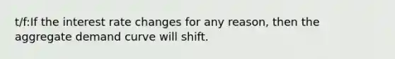 t/f:If the interest rate changes for any reason, then the aggregate demand curve will shift.