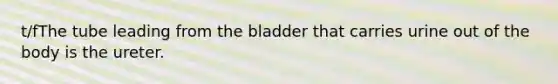 t/fThe tube leading from the bladder that carries urine out of the body is the ureter.